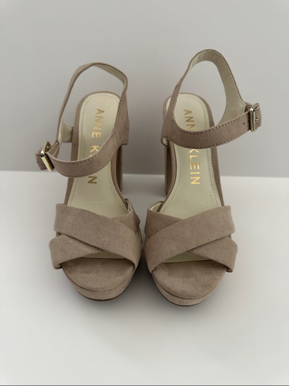 Anne Klein Taupe Suede Crisscross Platform Heels
